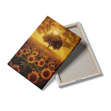 Canvas schilderij details Veld met Zonnebloemen met een Boom op de Achtergrond