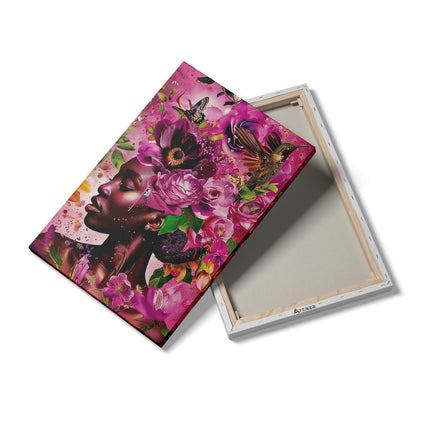 Canvas schilderij details Zwarte Vrouw met Bloemen op haar Hoofd