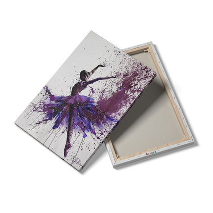 Canvas schilderij details Ballerina Springt in Paarse Verfspatten
