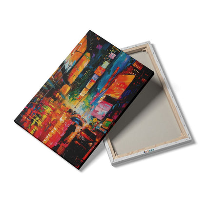 Canvas schilderij details Kunstwerk van Mensen die in de Regen Lopen op Times Square