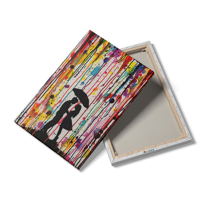 Canvas schilderij details Paar Kussen onder een Kleurrijke Paraplu