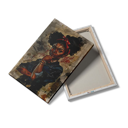 Canvas schilderij details Zwarte Vrouw met Afrohaar en een Rode Bandana