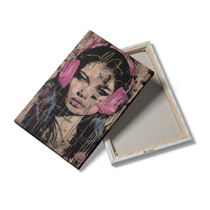 Canvas schilderij details Meisje met Roze Koptelefoon op haar Hoofd