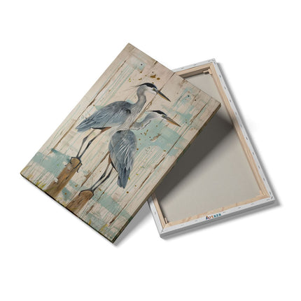Canvas schilderij details Twee Blauwe Reigers op een Houten Paal