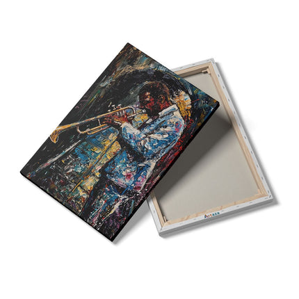 Canvas schilderij details Kunstwerk van een Jazzmuzikant die een Trompet Speelt