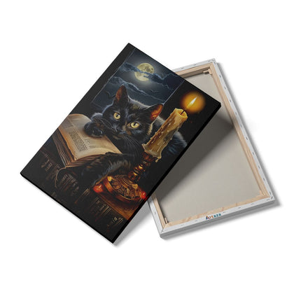 Canvas schilderij details Zwarte Kat die op een Boek ligt met een Kaars