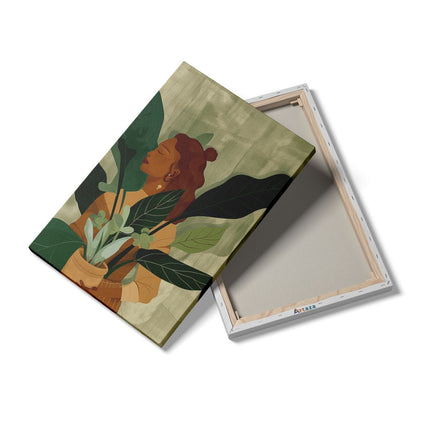 Canvas schilderij details Vrouw die een Potplant Vasthoudt