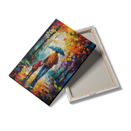 Canvas schilderij details Man en een Kind Lopen in de Regen met een Paraplu