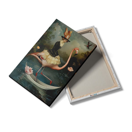 Canvas schilderij details Vrouw die een Flamingo op een Boot Berijdt