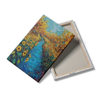 Canvas schilderij details Olieverfschilderij van een Beekje en Zonnebloemen