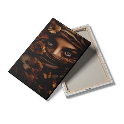 Canvas schilderij details Vrouw met Blauwe Ogen en een Vlinder op haar Gezicht