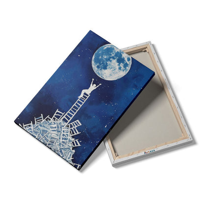 Canvas schilderij details Persoon Staat op een Ladder voor een Volle Maan