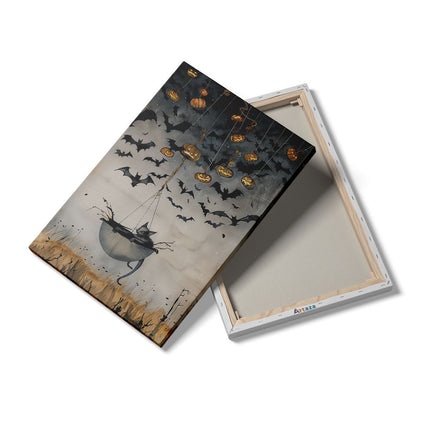 Canvas schilderij details Kat zit in een Paraplu met Pompoenen Eraan