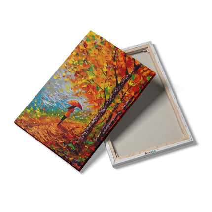 Canvas schilderij details Vrouw die met een Paraplu over een Pad loopt