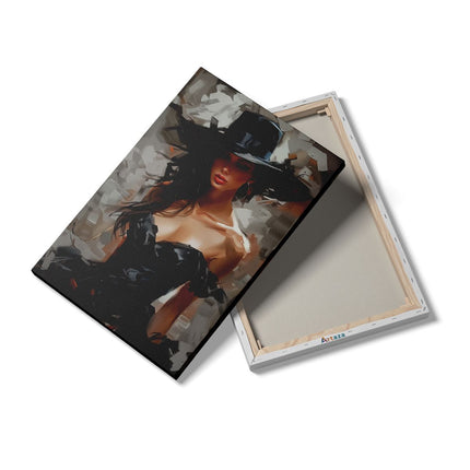 Canvas schilderij details Vrouw in een Zwarte Jurk met een Zwarte Hoed