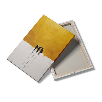 Canvas schilderij details Drie Mensen Staan ​​Voor een Gele Achtergrond
