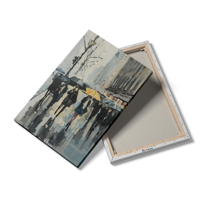 Canvas schilderij details Kunstwerk van Mensen die met Paraplu's in de Regen Lopen