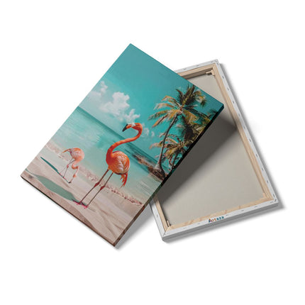 Canvas schilderij details Twee Flamingo's op het Strand