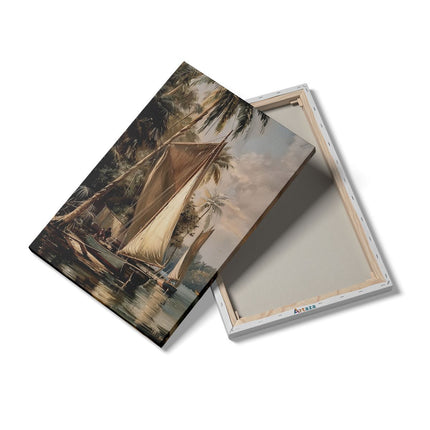 Canvas schilderij details Kunstwerk van Zeilboten op een Rivier met Palmbomen