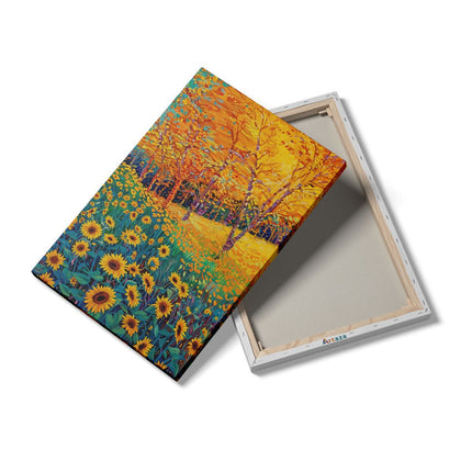Canvas schilderij details Veld met Zonnebloemen met Bomen op de Achtergrond