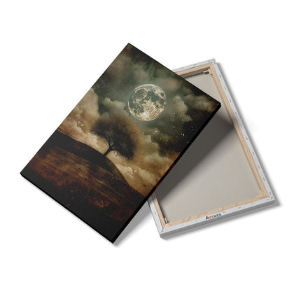 Canvas schilderij details Eenzame Boom op een Heuvel met een Volle Maan aan de Hemel