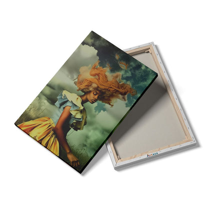 Canvas schilderij details Vrouw in een Gele Jurk Staande in een Veld