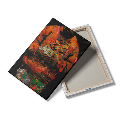 Canvas schilderij details Man in een Oranje Trui met Geld