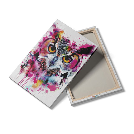 Canvas schilderij details Uil met Kleurrijke Verfspatten op zijn Gezicht