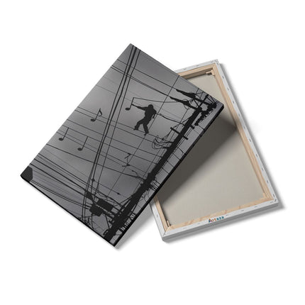 Canvas schilderij details Silhouet van een Man op een Hoogspanningslijn met Muzieknoten