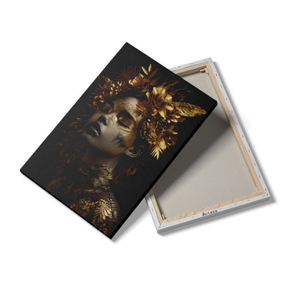 Canvas schilderij details Vrouw met Gouden Bladeren op haar Gezicht
