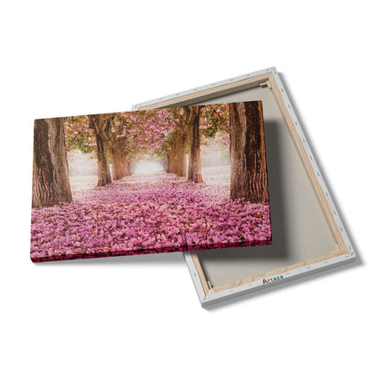 Canvas schilderij details Romantische Bomen Tunnel Met Roze Anjers