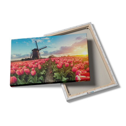 Canvas schilderij details Roze Tulpen Bloemenveld - Met Windmolen