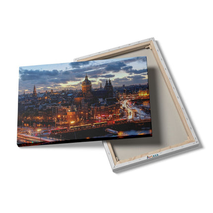 Canvas schilderij details Amsterdam Centrum Luchtfoto Zonsondergang