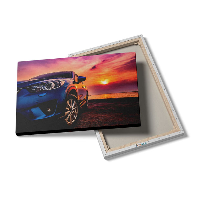 Canvas schilderij details Blauwe Sportwagen Auto Bij Zonsondergang