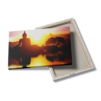 Canvas schilderij details Silhouet Van Boeddha Beeld Met Zonsondergang