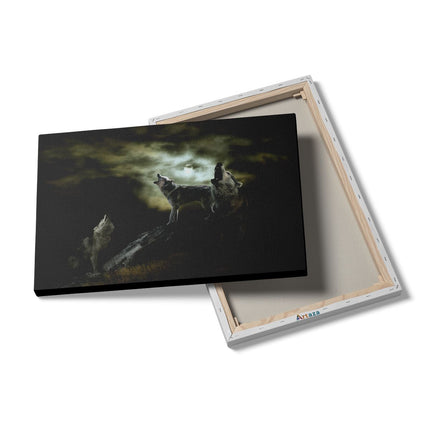 Canvas schilderij details Drie Huilende Wolven Tijdens Volle Maan
