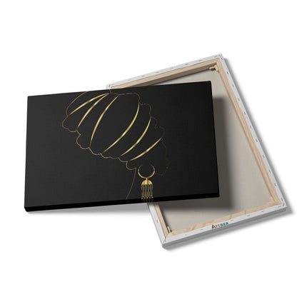 Canvas schilderij details Afrikaanse Vrouw Met Gouden Zwarte Tulband