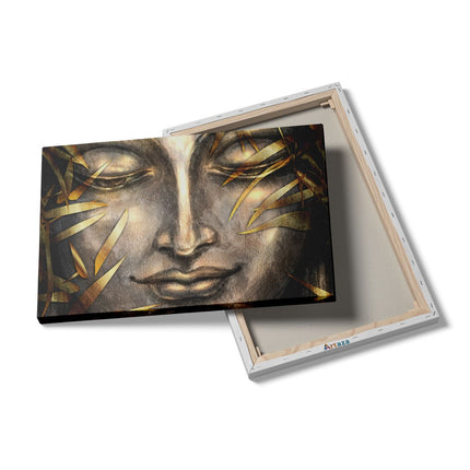 Canvas schilderij details Boeddha Beeld Met Gouden Bladeren