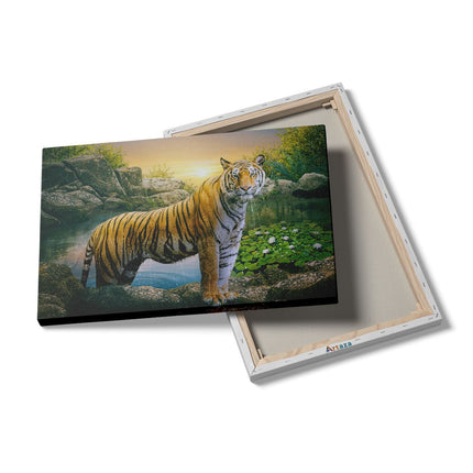 Canvas schilderij details Luipaard In Een Vijver Bij Zonsondergang