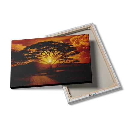Canvas schilderij details Zonsondergang Achter Een Savanne Boom