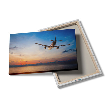 Canvas schilderij details Vliegtuig Boven De Zee Bij Zonsondergang