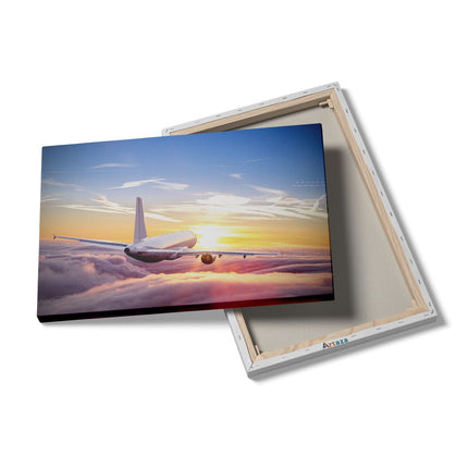 Canvas schilderij details Vliegtuig In De Wolken Bij Zonsondergang