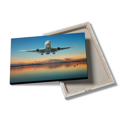 Canvas schilderij details Vliegtuig Vliegt Boven Een Kleurrijke Zee