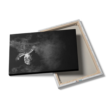 Canvas schilderij details Man Met Een Hoed Trekt Zijn Pistool - Zwart Wit