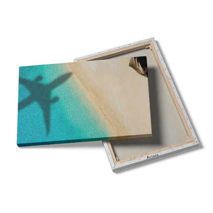 Canvas schilderij details Silhouet Van Een Vliegtuig Op Het Strand
