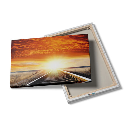 Canvas schilderij details Rails Spoorweg Bij Zonsondergang