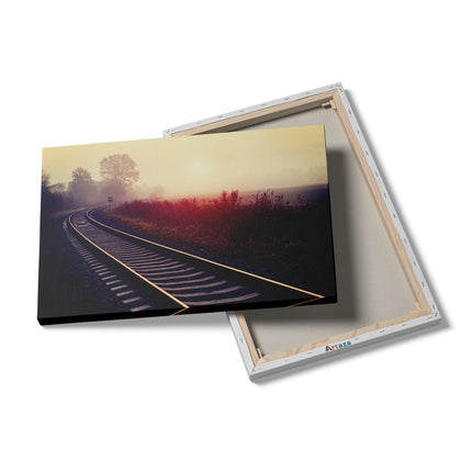Canvas schilderij details Spoorweg Rails Tijdens De Herfst Met Mist