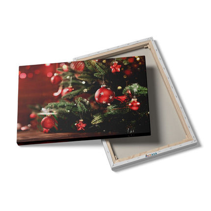 Canvas schilderij details Kerstboom Met Rode Lichtjes En Kerstballen