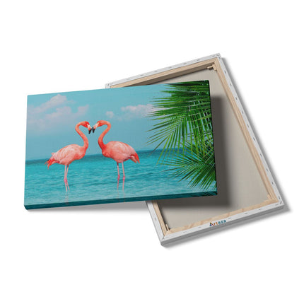 Canvas schilderij details Twee Flamingo's in een Hart Vorm in het Water