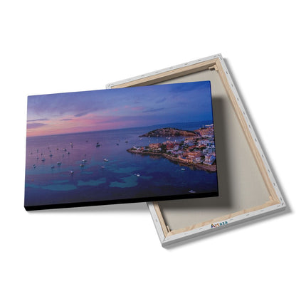 Canvas schilderij details Ibiza met Boten op het Water bij Zonsopgang